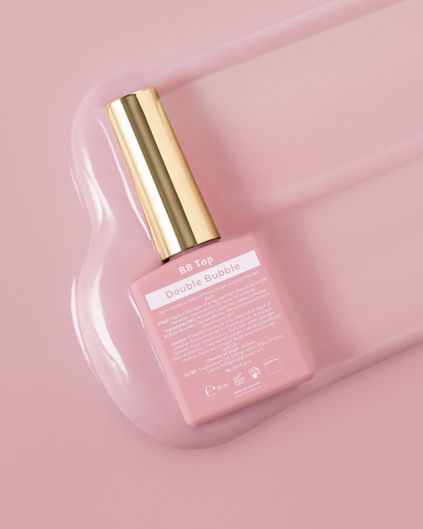 HEYLOVE. BB Top Coat, Double Bubble, 15 ml,No Sticky, Dark pink